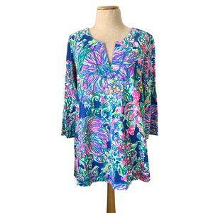 Lilly Pulitzer Womens M Joyce Floral Tunic Top Blue Pink Multicolor 3/4 Sleeve